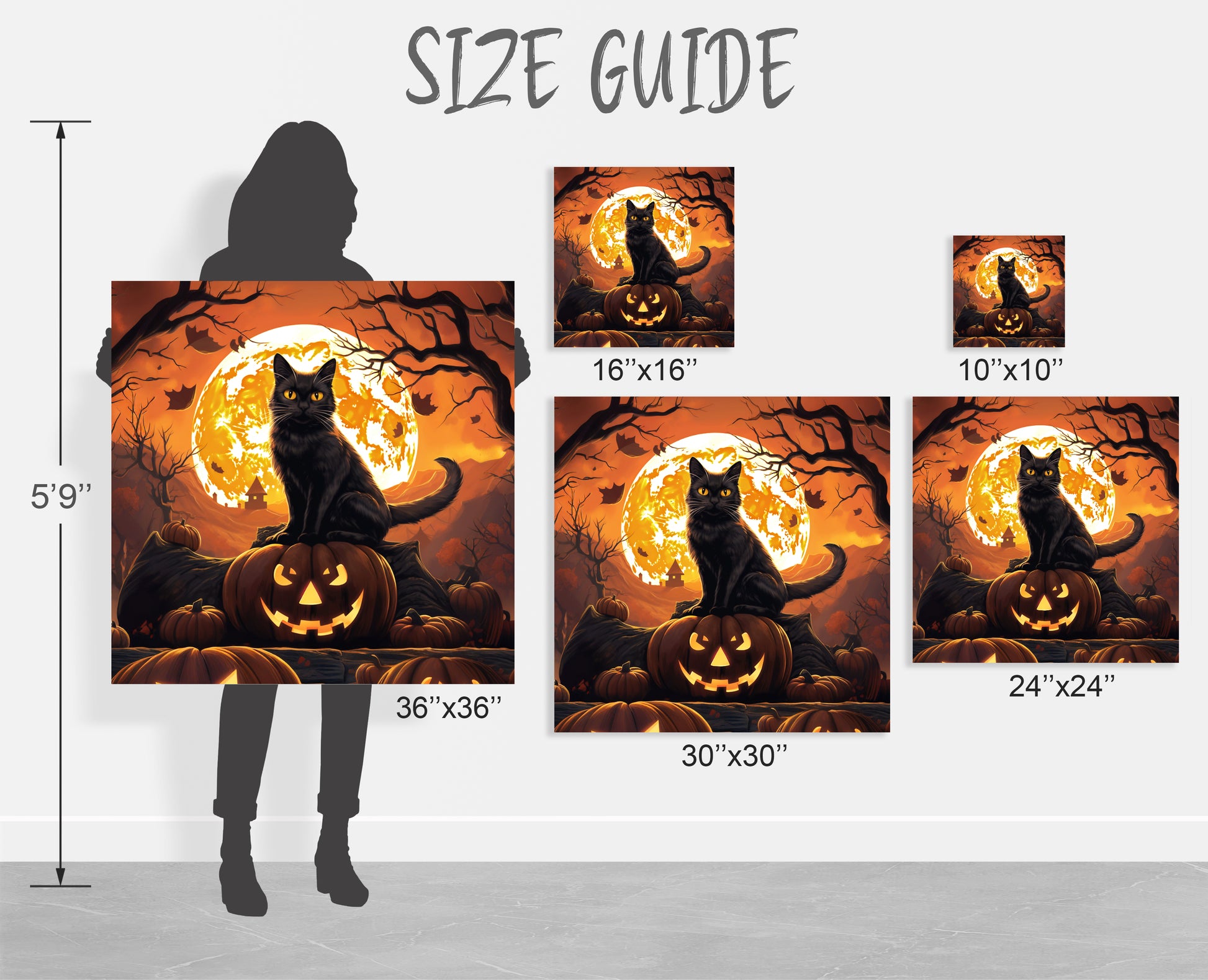 black cat sitting on pumpkin wall art Halloween