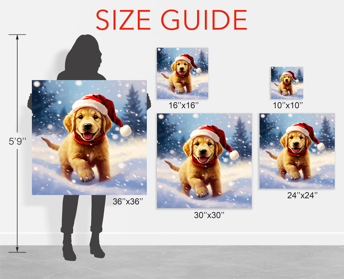 Christmas Golden Retriever puppy wearing Santa’s hat wall decor