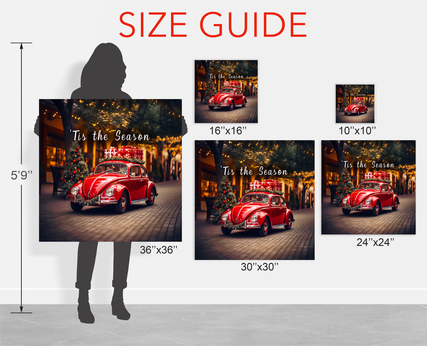 red christmas Volkswagen Beetle canvas prints