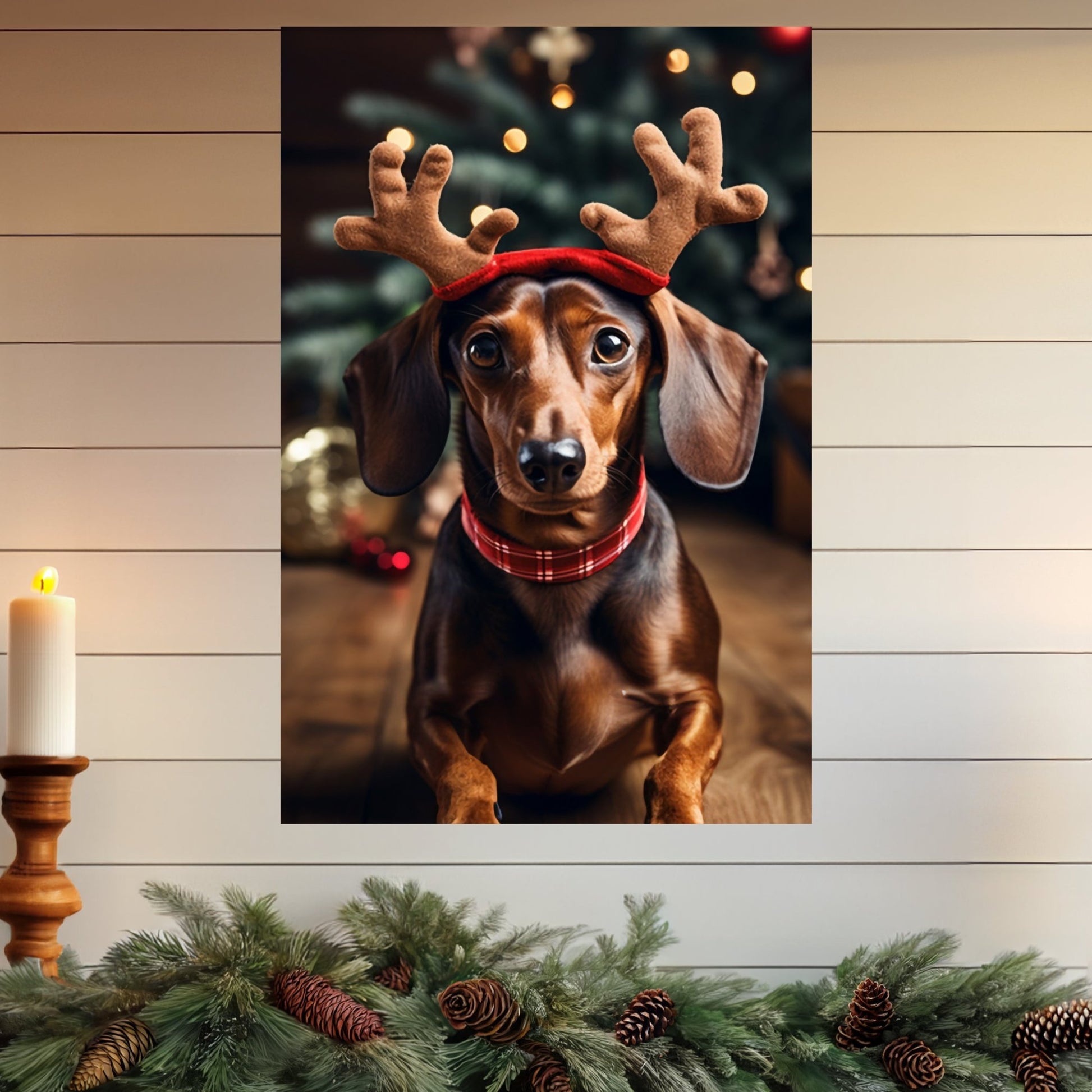 Dachshund wearing reindeer antlers canvas print