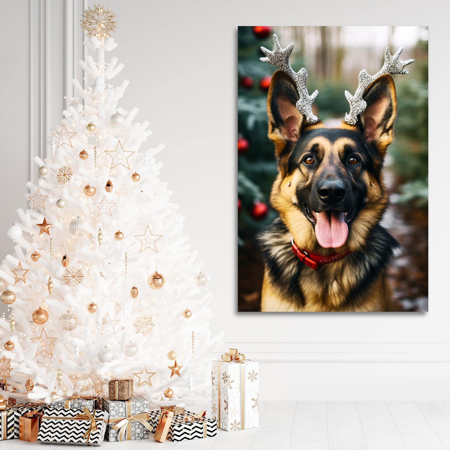 German Shepherd wearing reindeer antlers canvas print