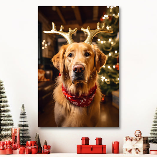 Golden Retriever wearing reindeer antlers canvas print