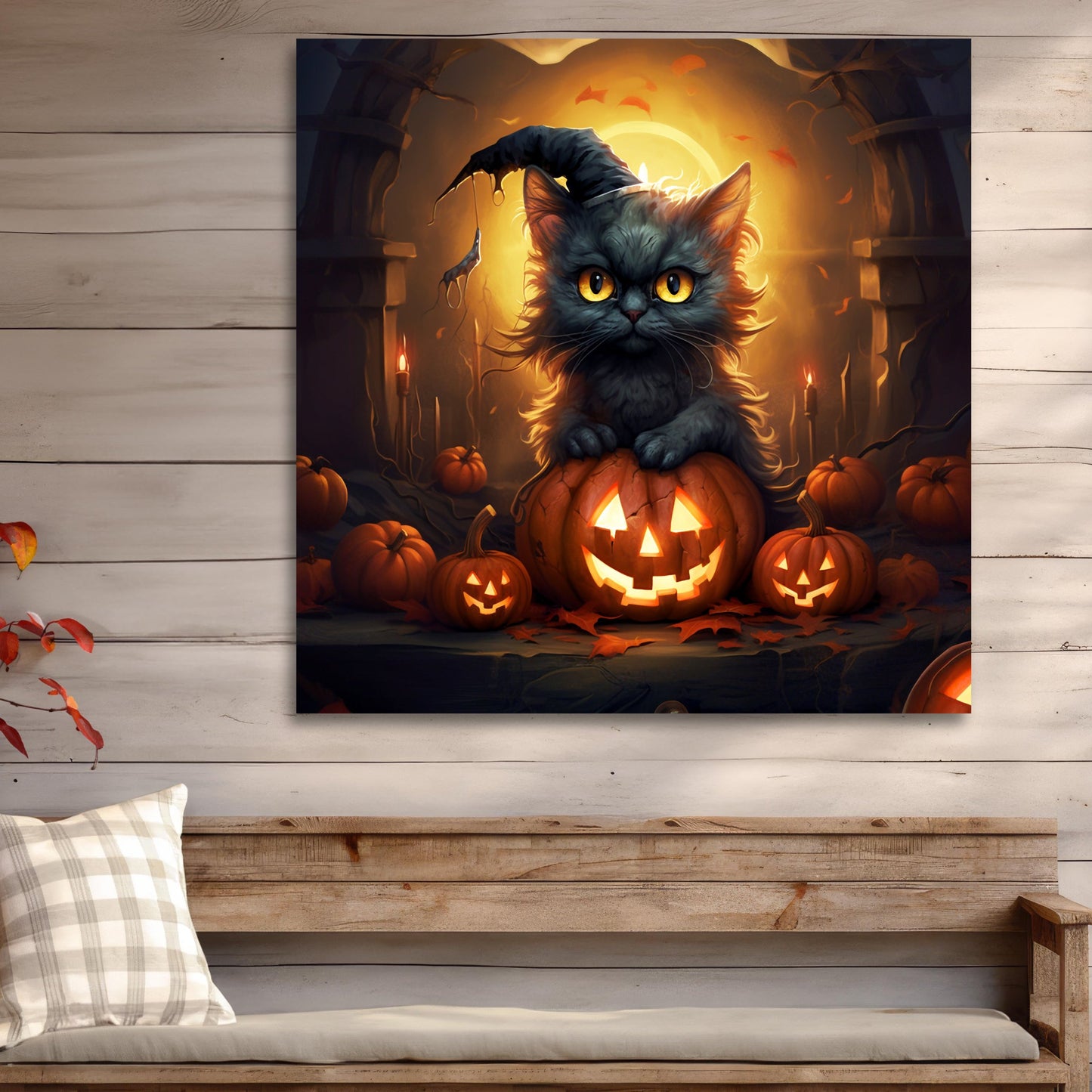 Halloween aesthetic black cats canvas prints, Halloween black cat aesthetic wall decor