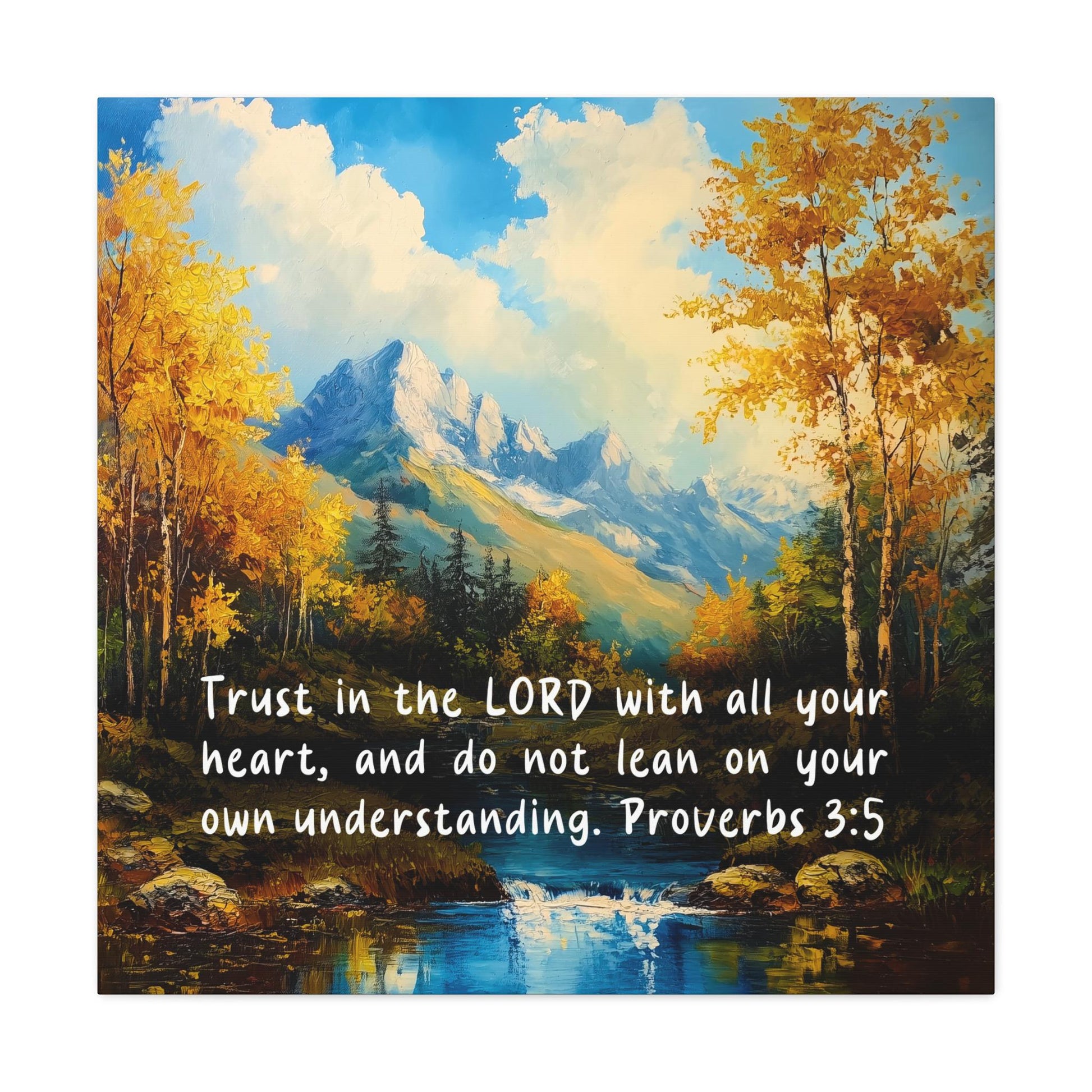 stretched canvas print Proverbs 3:5 square format blue brown yellow