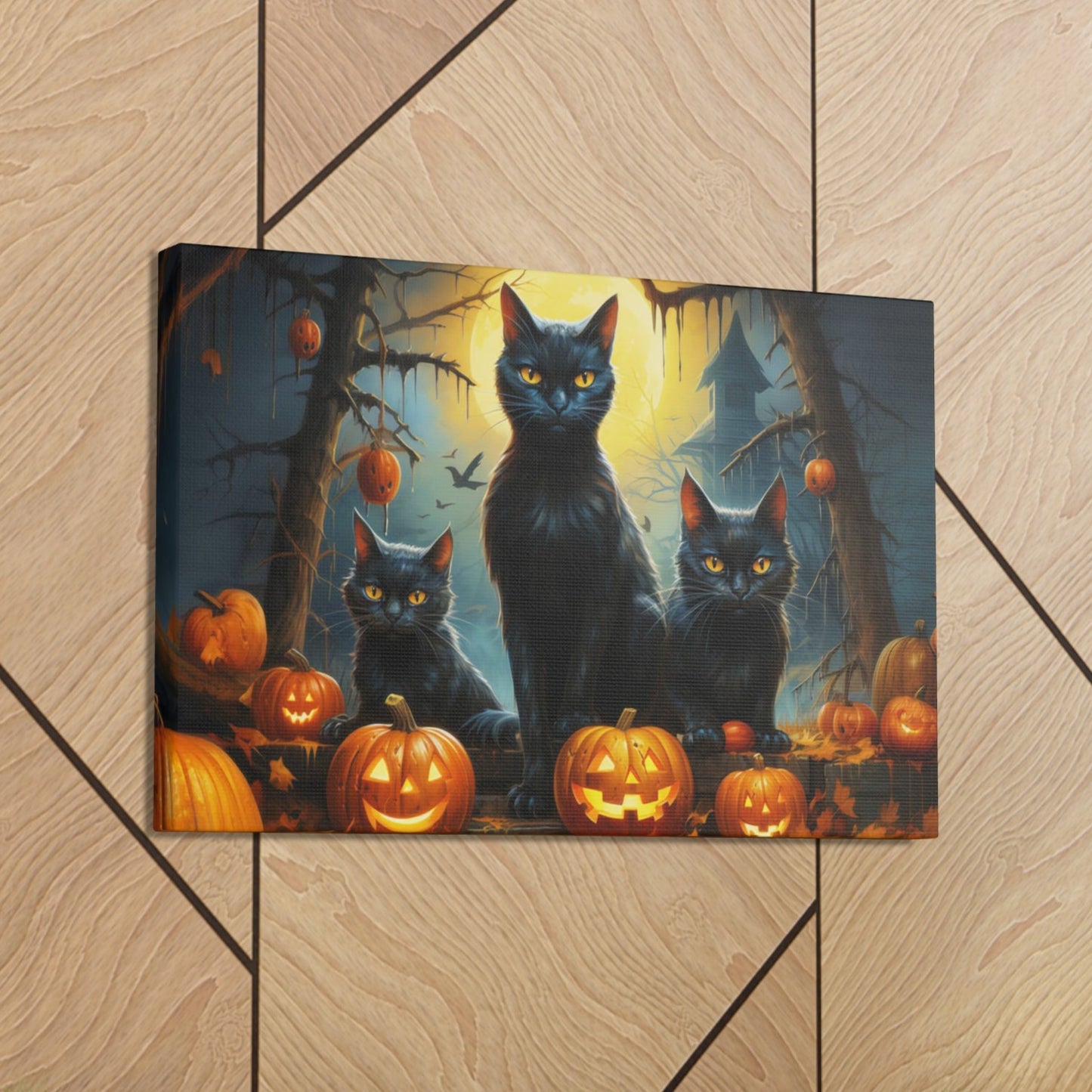 Halloween scene art cute black cats pumpkins