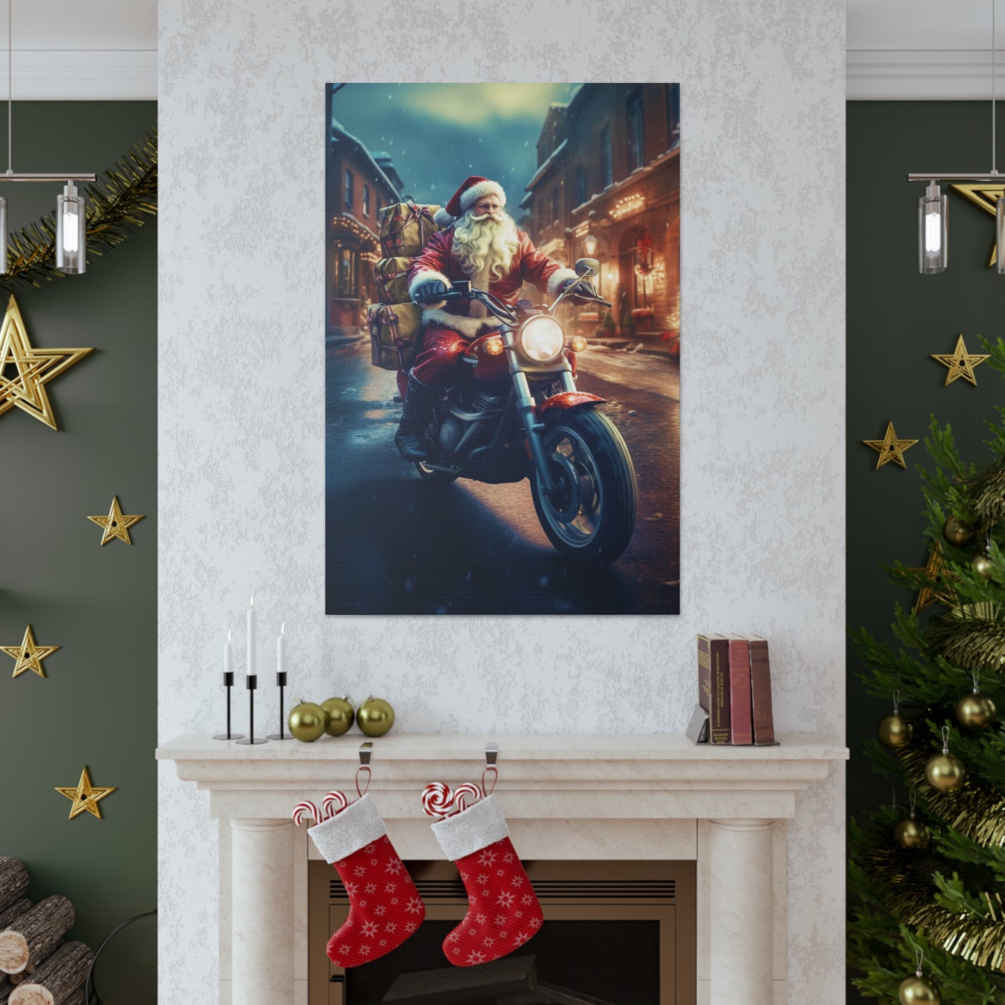 santa delivering gifts on motorcycle canvas prints