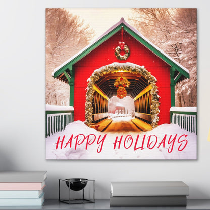 vintage red christmas covered bridge happy holidays canvas prints