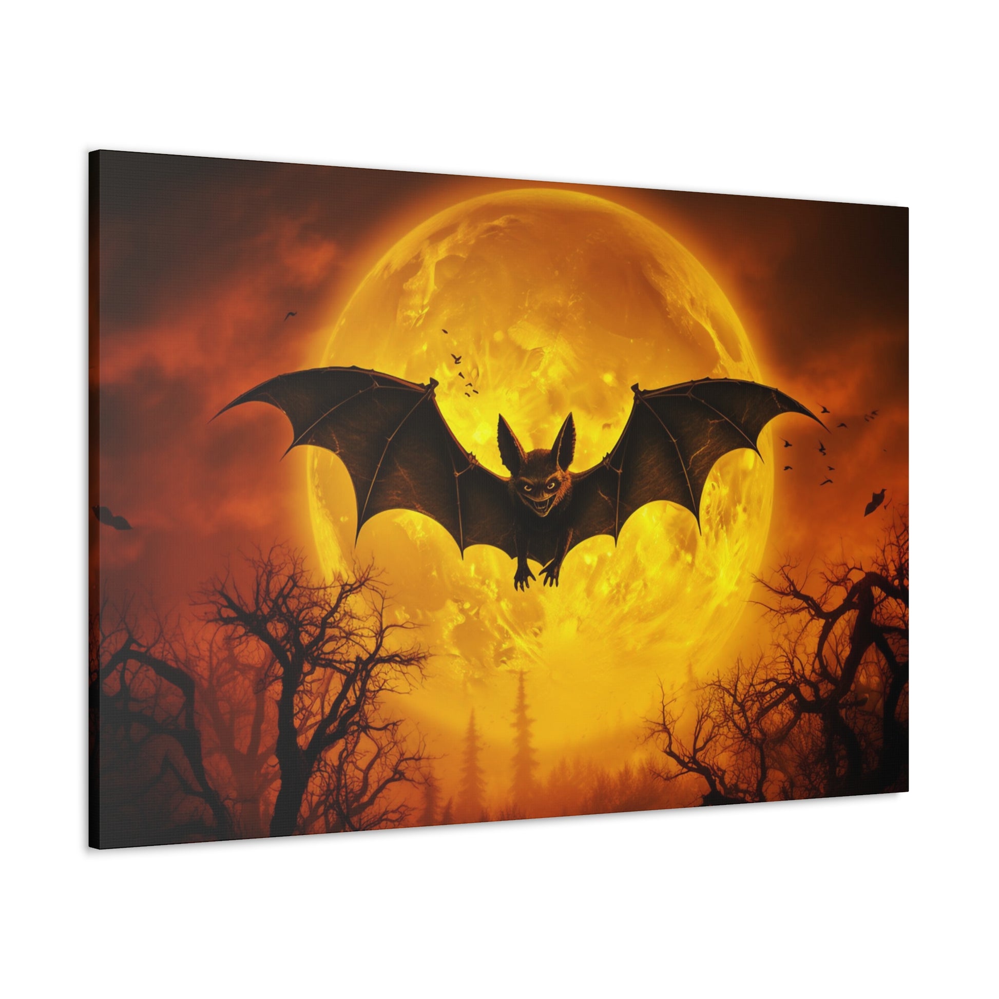 halloween bat wall decor ideas, bat flying in front of yellow moon canvas print