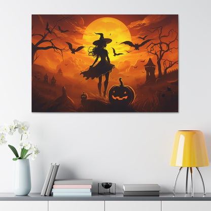 aesthetic halloween wall art canvas print,  witch with pumpkin wall decor canvas art print, witch canvas prints, halloween witch wall decor, aesthetic witch wall art canvas print