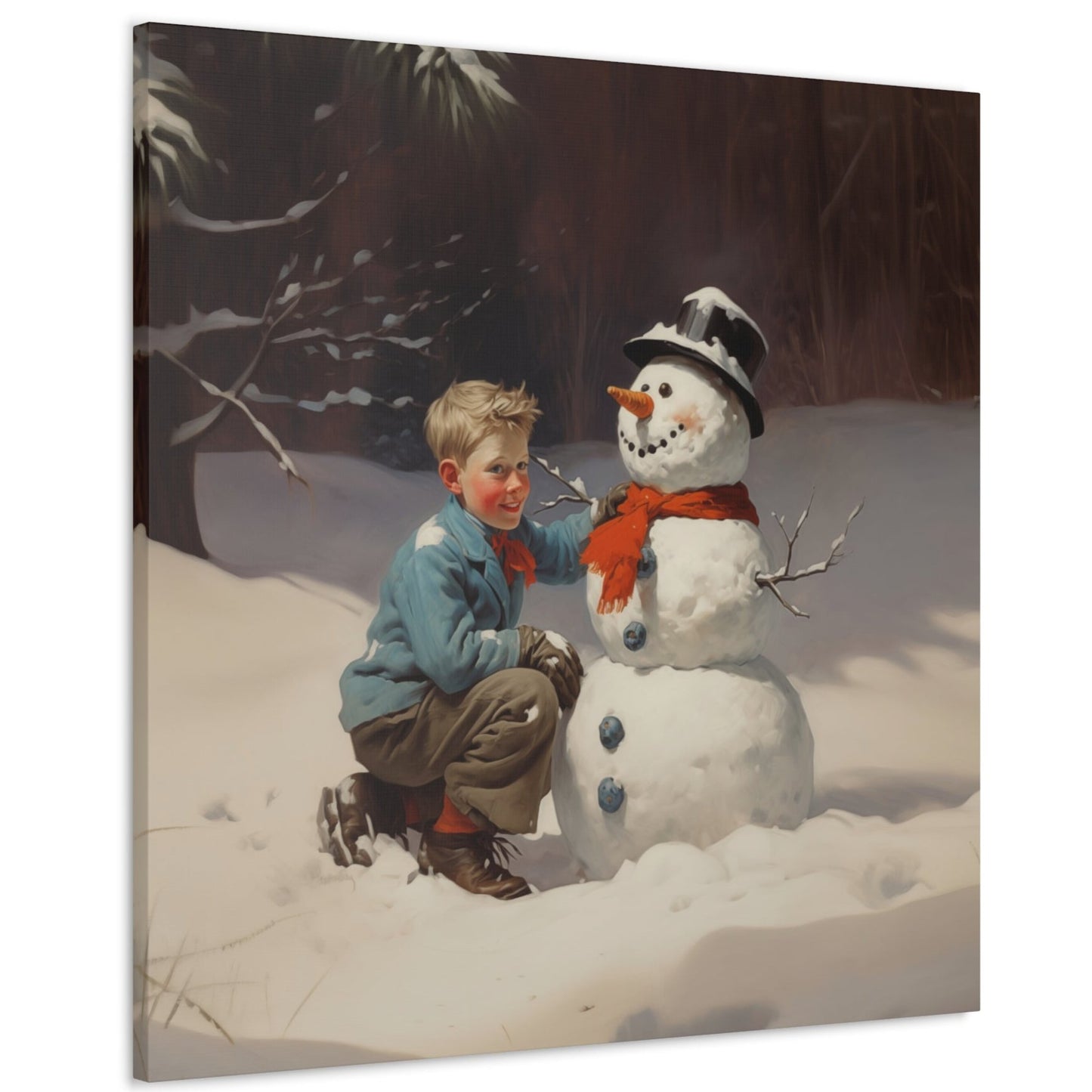 boy making snowman canvas print