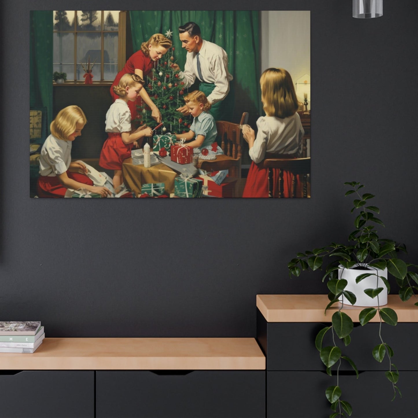 family decorating tree chrismas canvas print norman rockwell