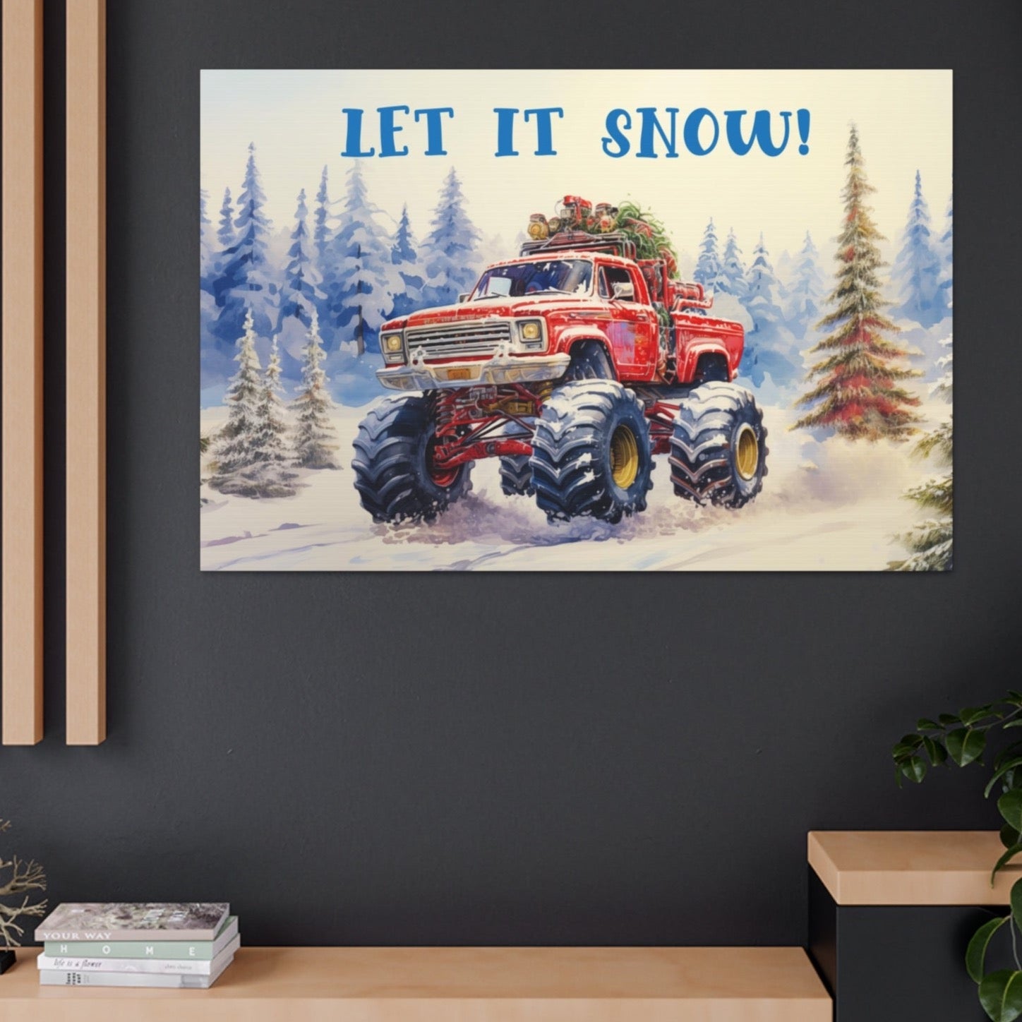 monster truck christmas red canvas prints