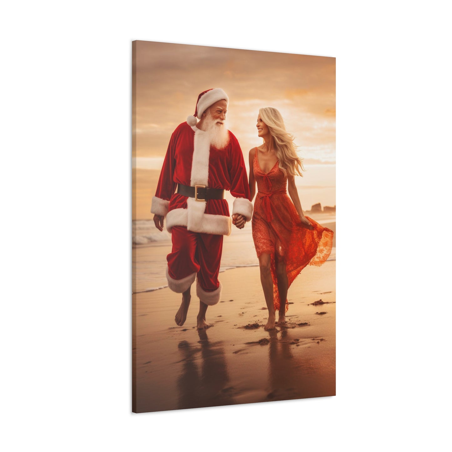 santa and mrs. claus walking on beach canvas print