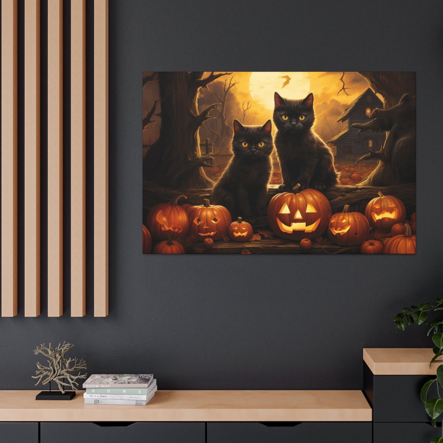 Halloween black cats art print pumpkins