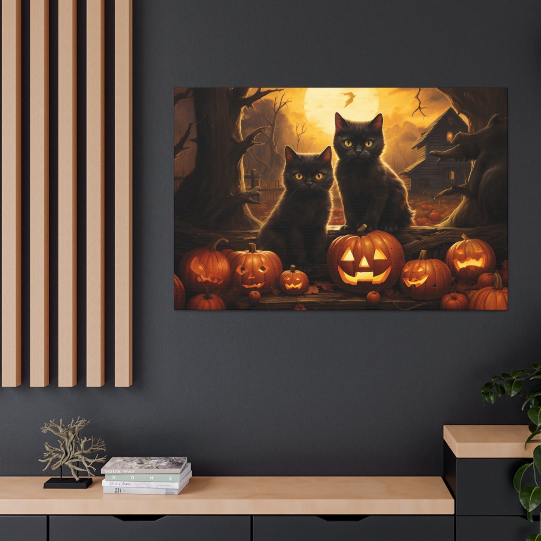 Halloween black cats art print pumpkins