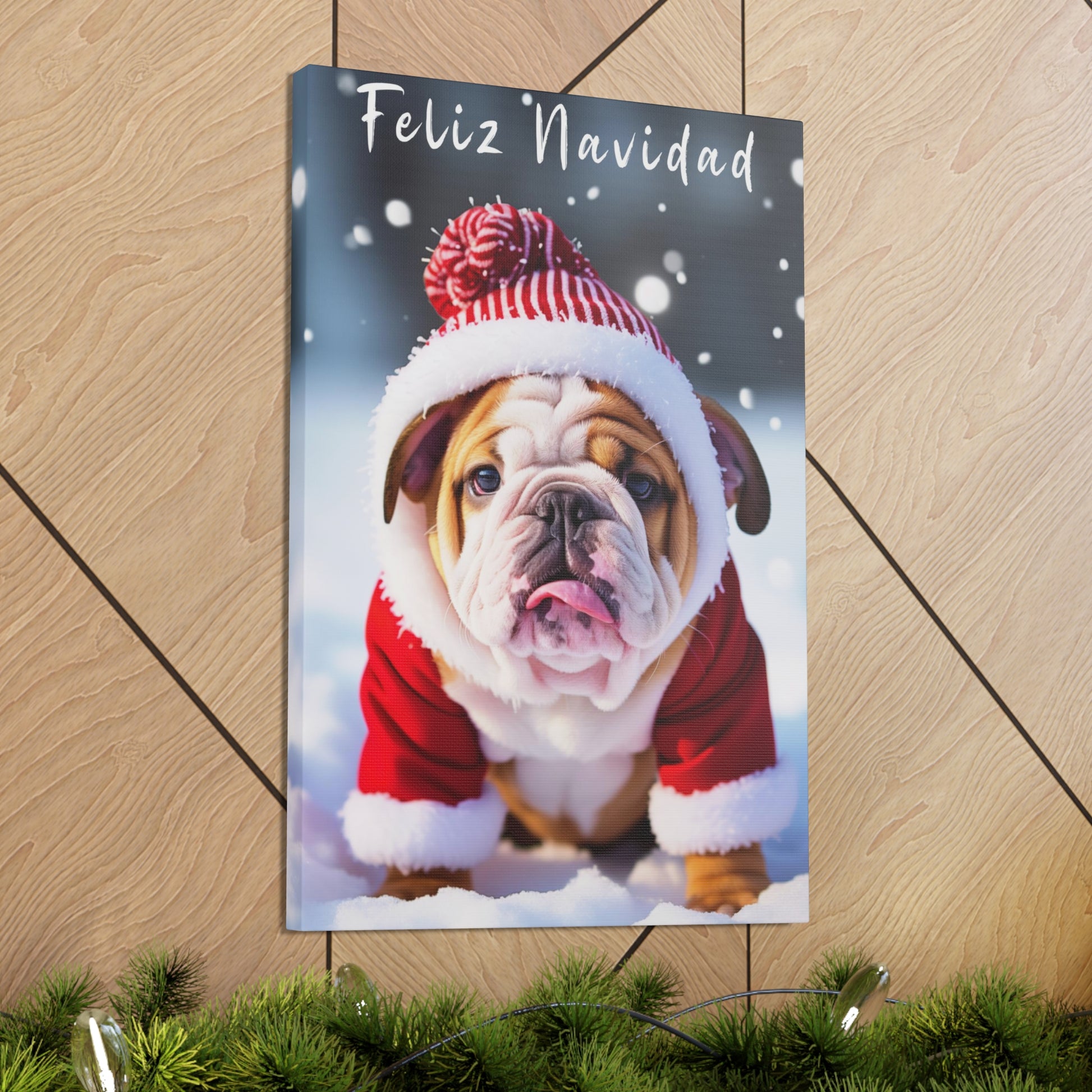 Cute Bulldog wearing Santa hat