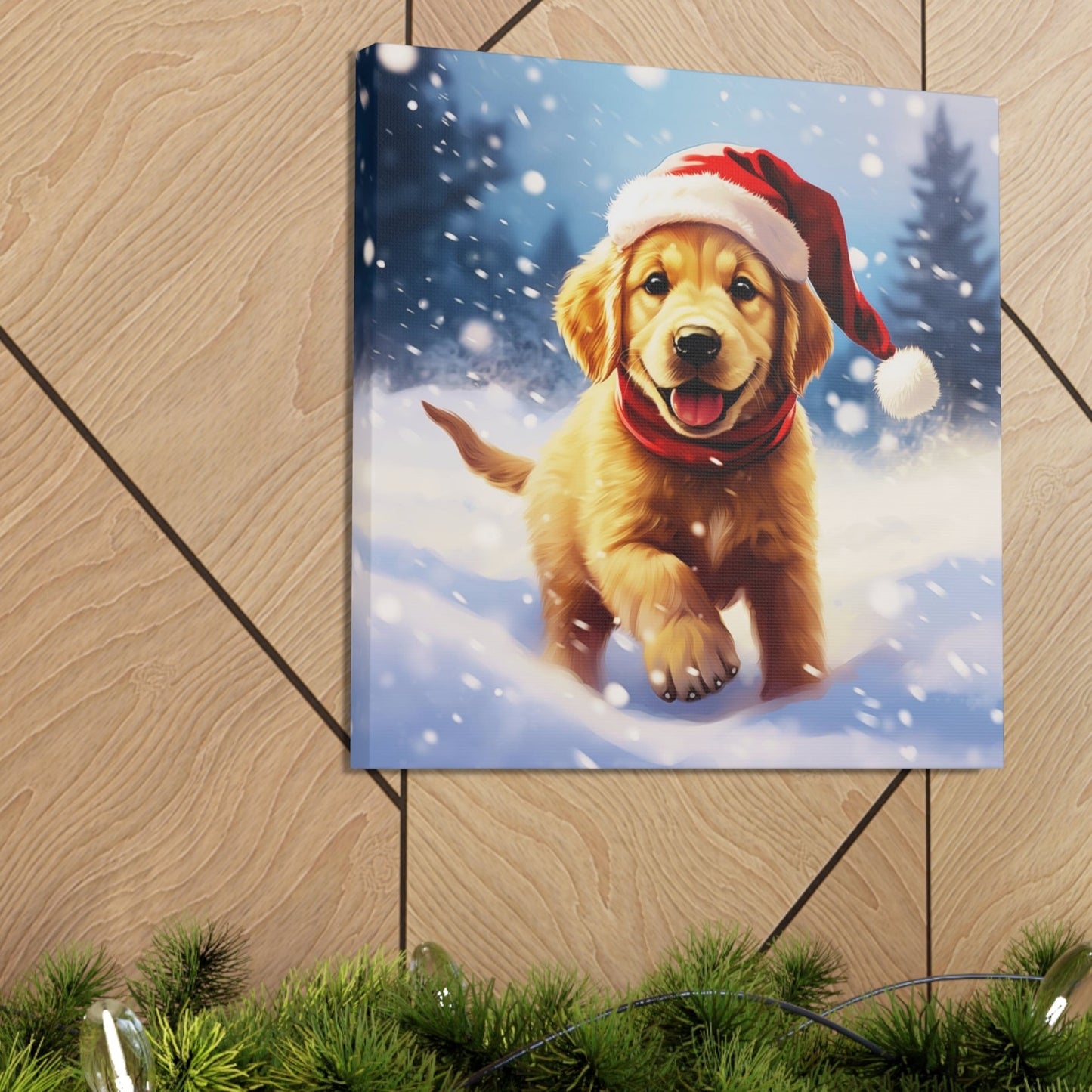 Christmas Golden Retriever puppies with Santa hat decor ideas