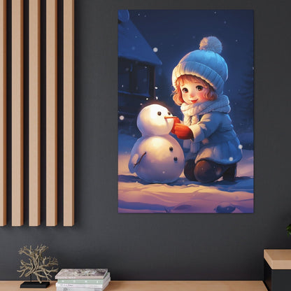 cute girl building snowman Christmas stretched canvas print