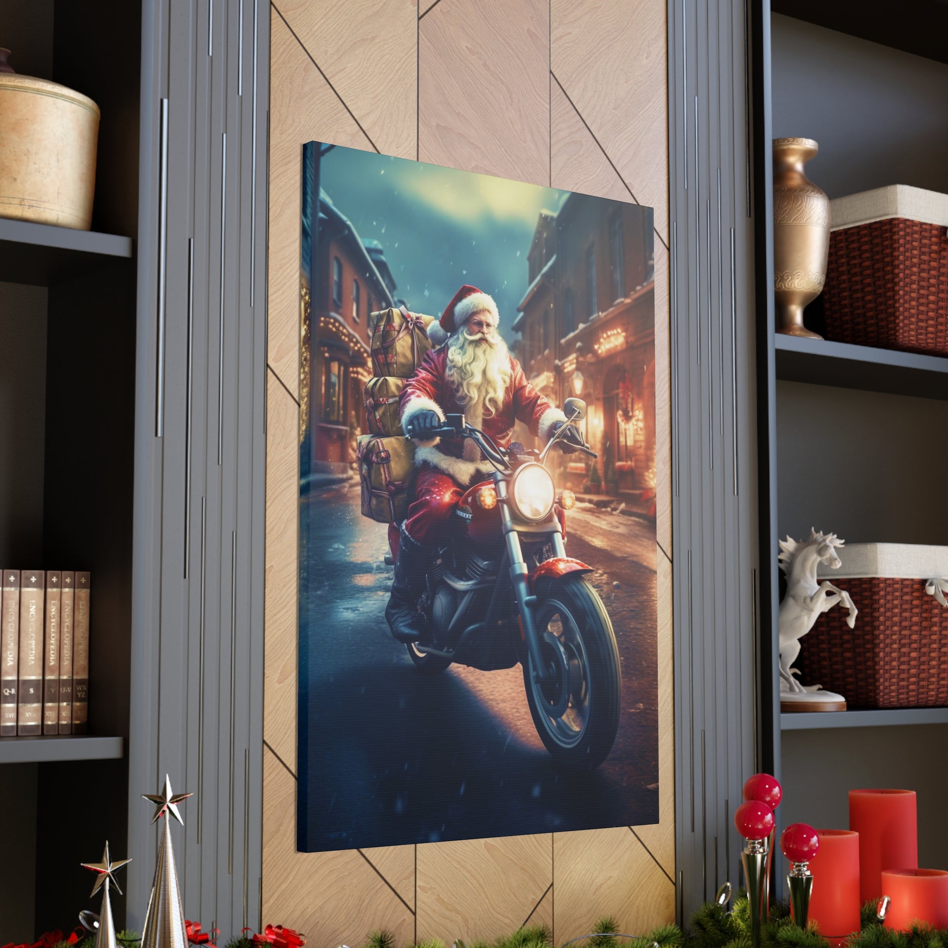 santa cruising on motorcycle canvas print