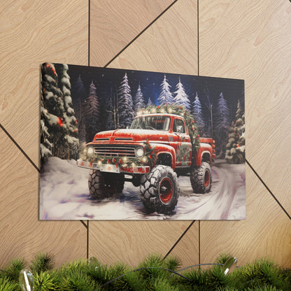 red christmas pickup truck canvas print