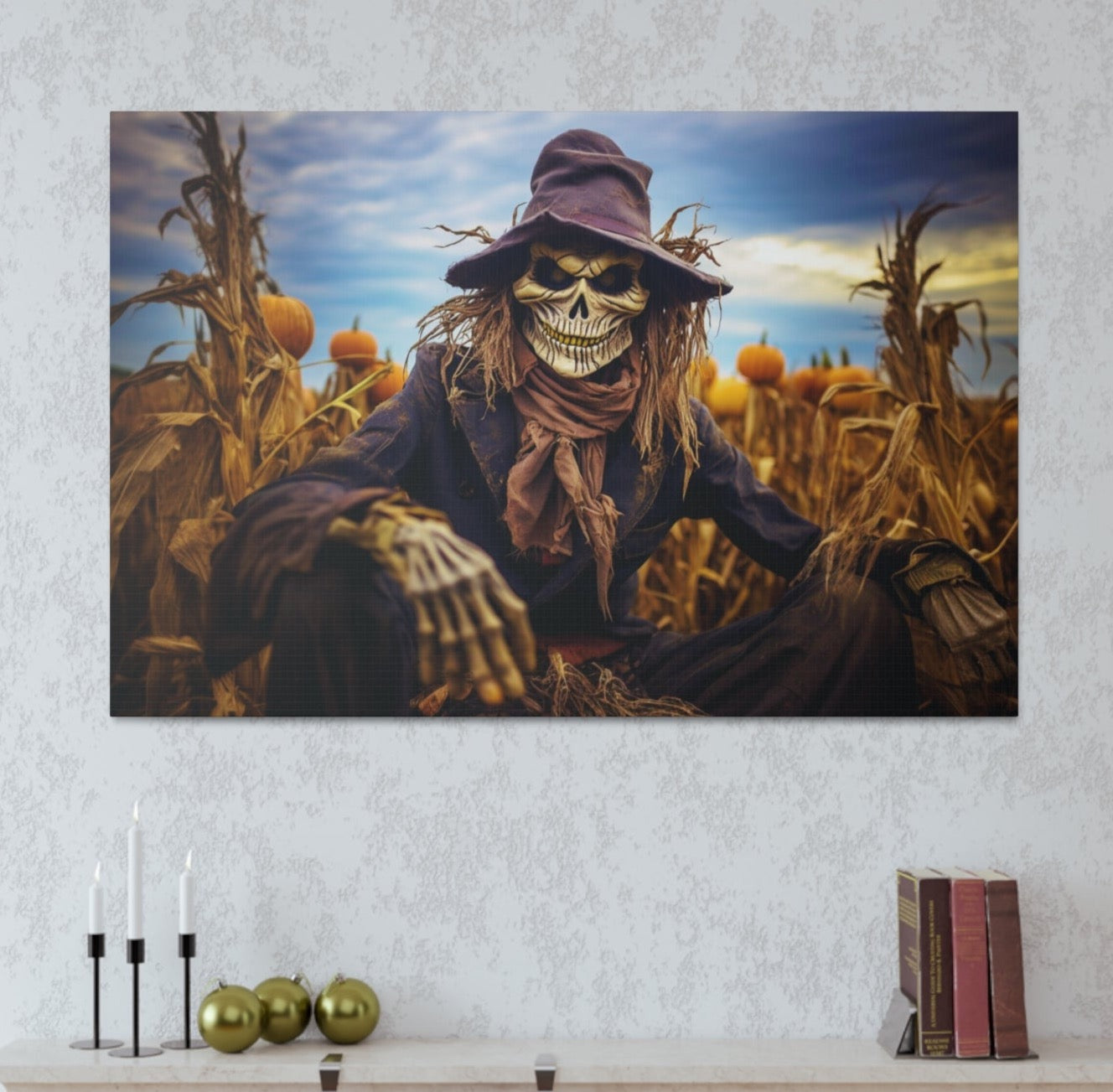 creepy scarecrow in cornfield canvas print