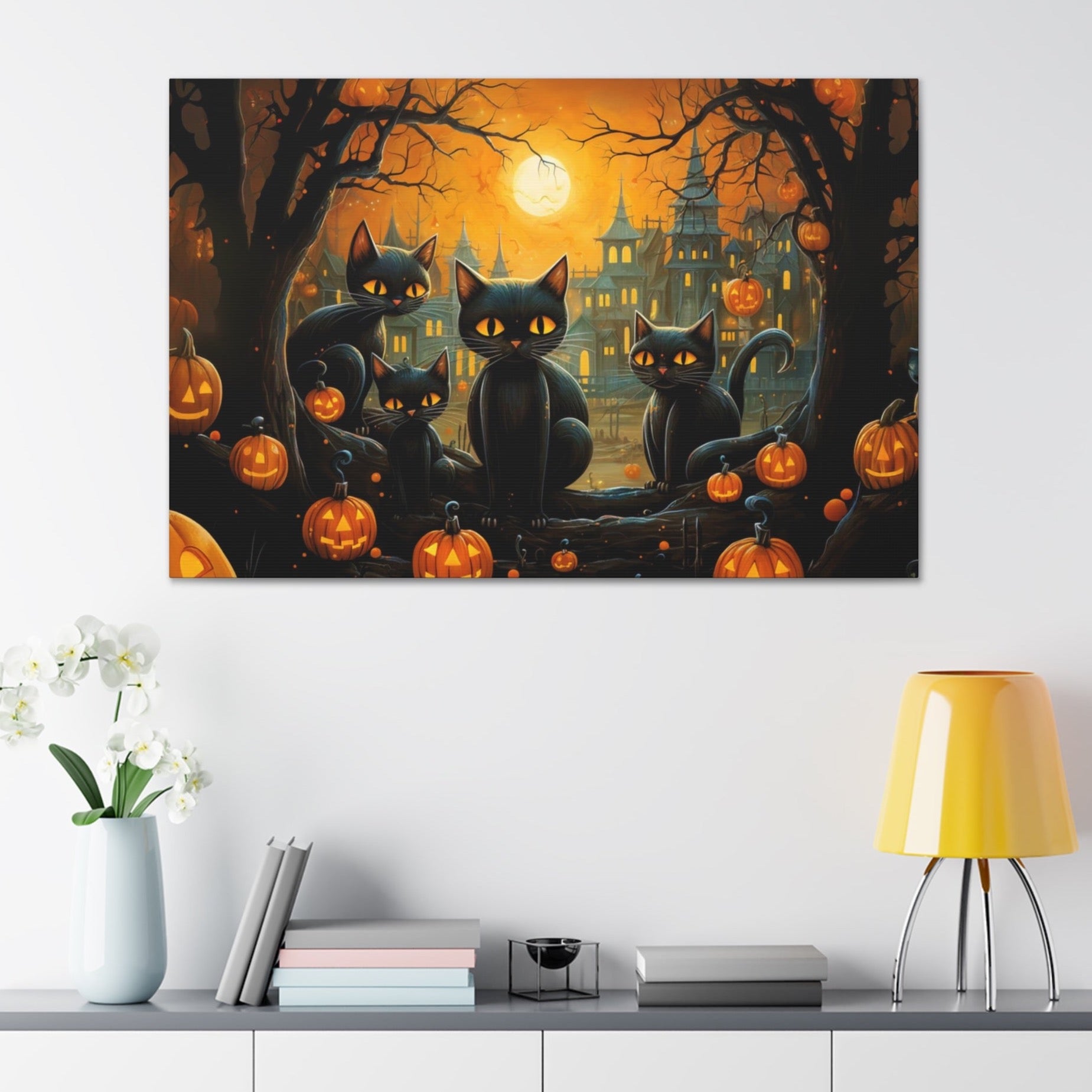 Halloween scene art cute black cats pumpkins