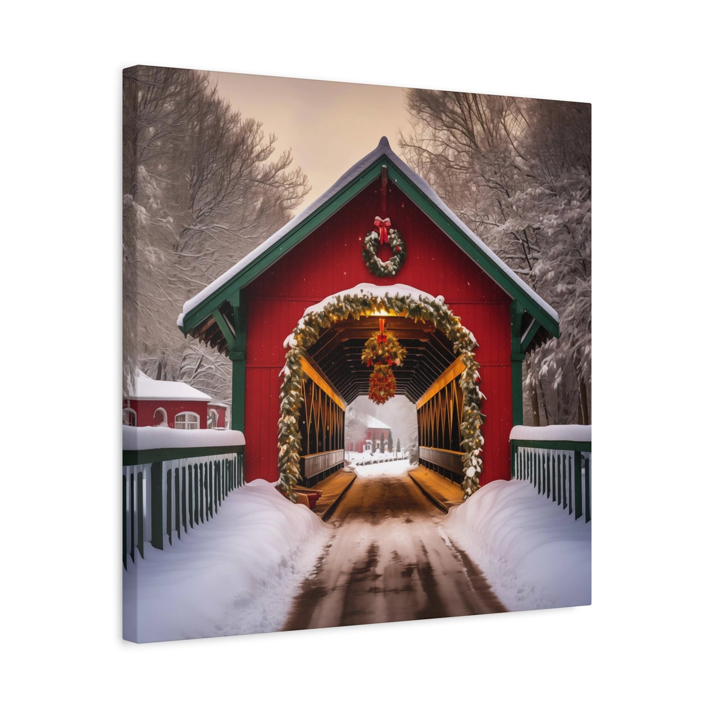 Red Covered Bridge Christmas Canvas Print Wall Art Decor Gifts