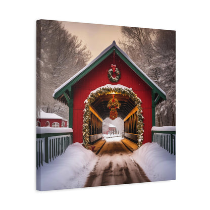 Red Covered Bridge Christmas Canvas Print Wall Art Decor Gifts