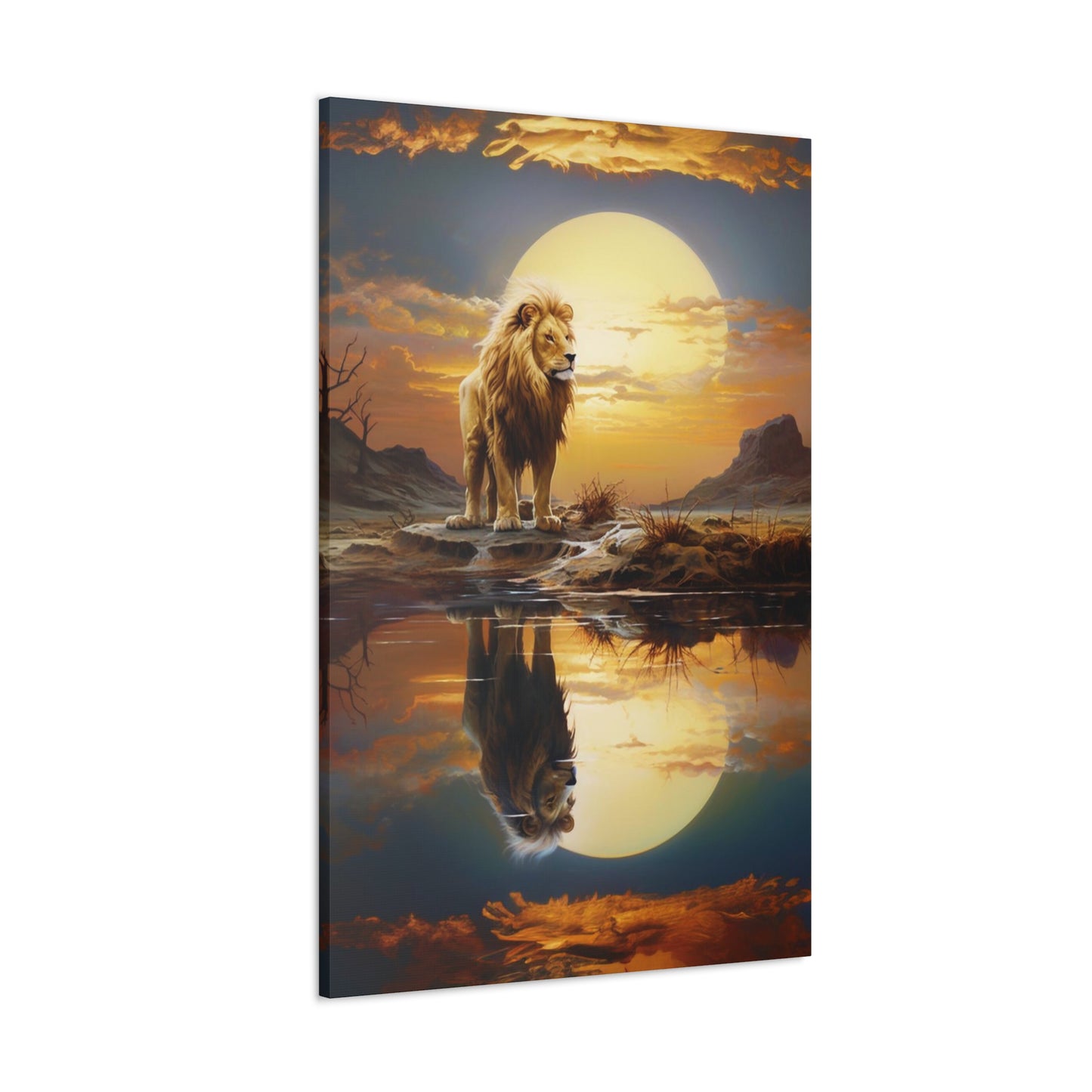 majestic lion canvas print, lion reflection in water canvas print