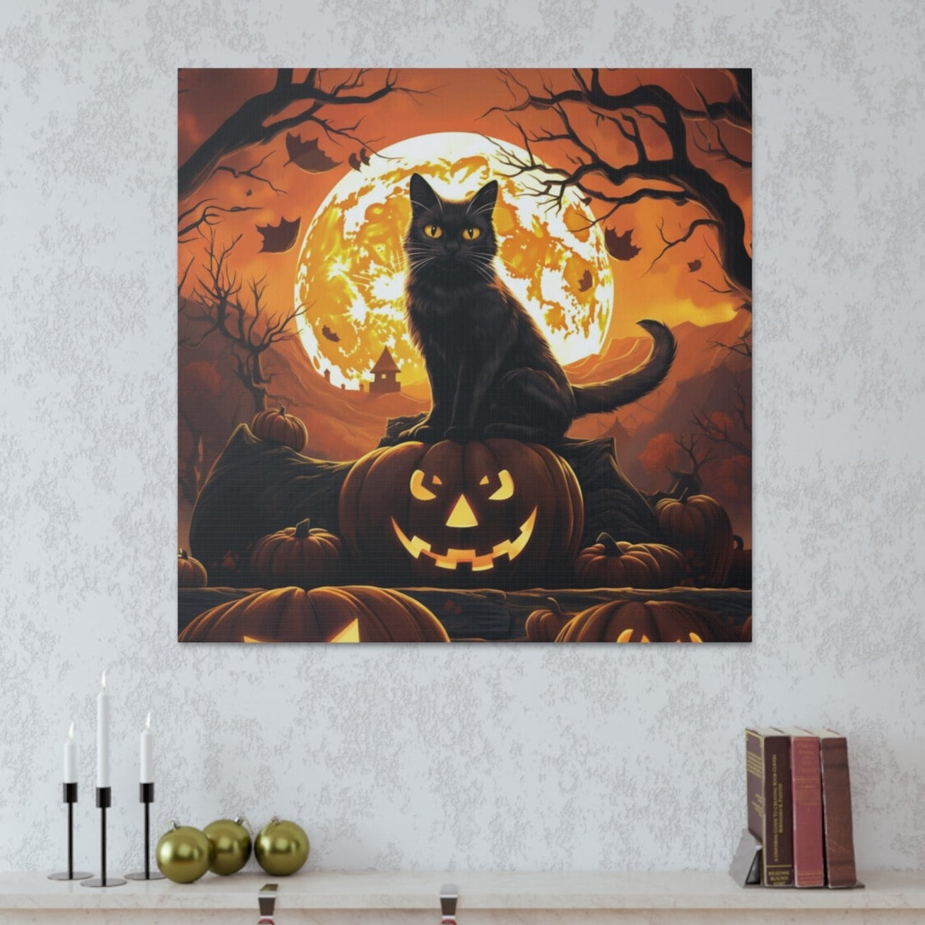 Halloween scene art black cats on jack o lanterns