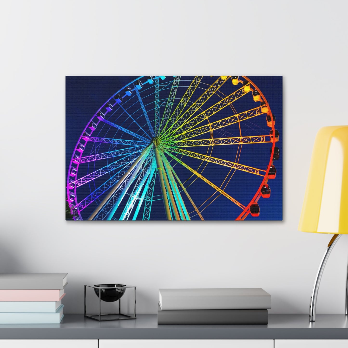 Rainbow Colored Ferris Wheel with Blue Sky at Night  - Canvas Print
