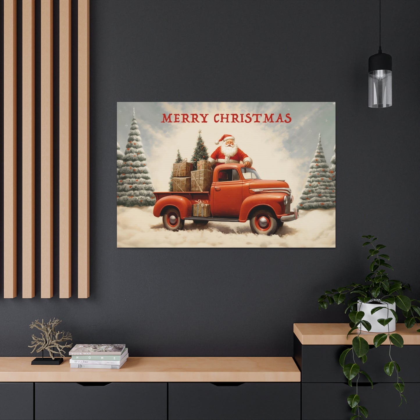 santa claus with red truck wall decor art prints