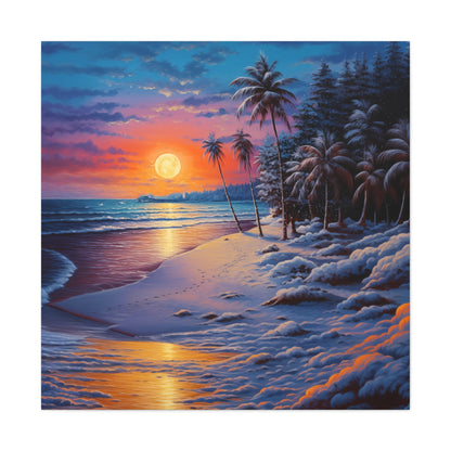 beautiful snowy beach sunset art, vivid tropical snowy beach sunset decor