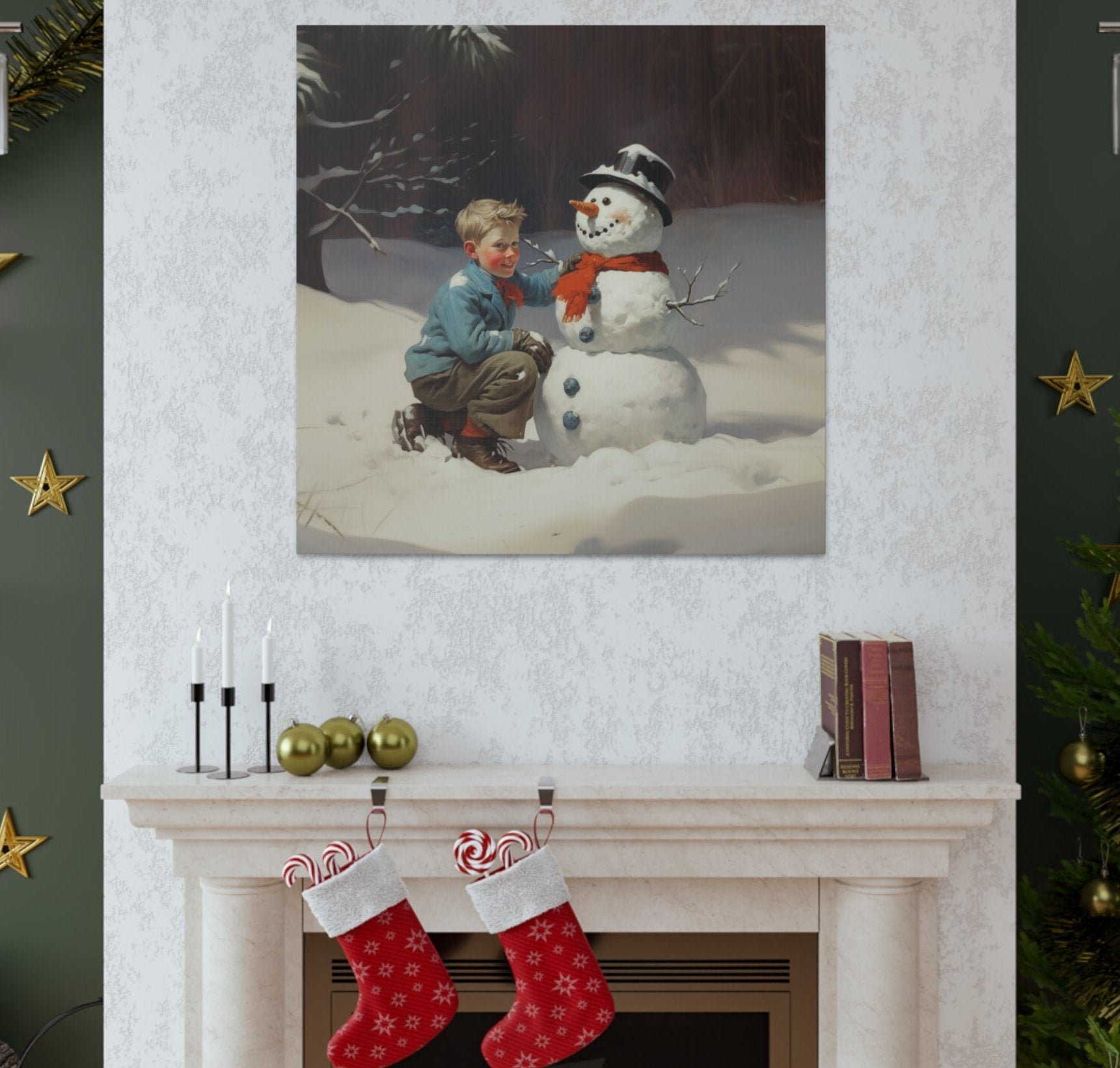 boy building a snowman wall decor