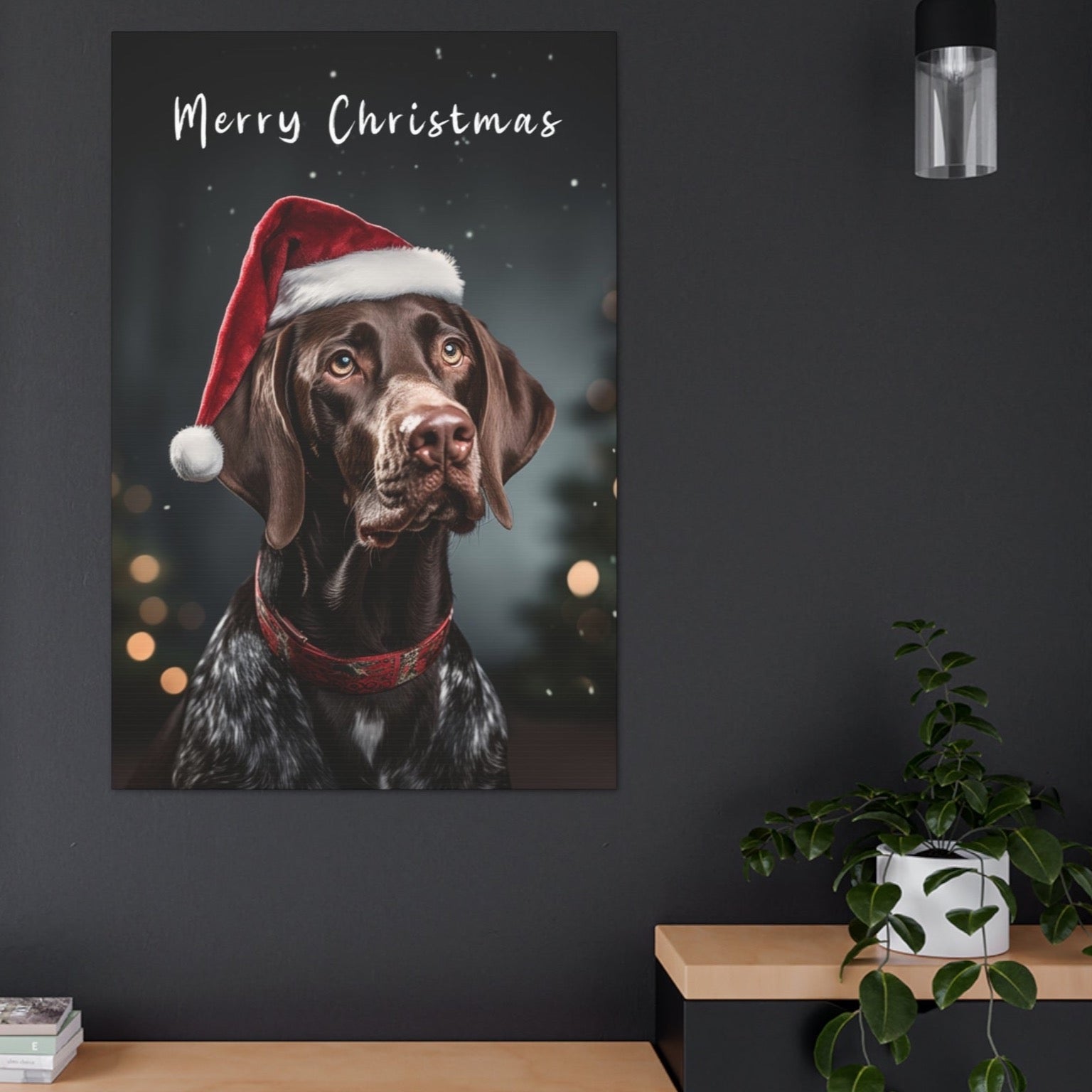 Cute German Shorthaired Pointer wearing Santa ha