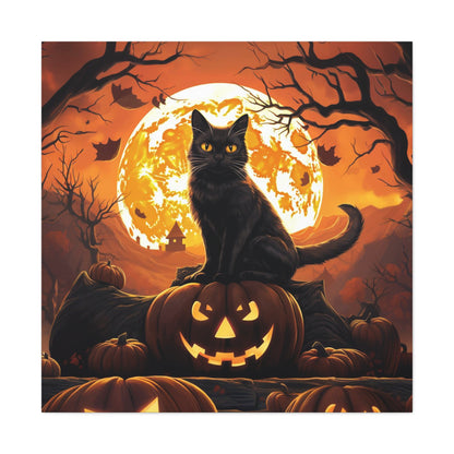 black cats Halloween wall art jack-o-lantern, Halloween aesthetic black cats canvas prints