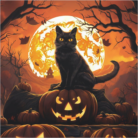 black cats Halloween wall art jack-o-lantern, Halloween aesthetic black cats canvas prints