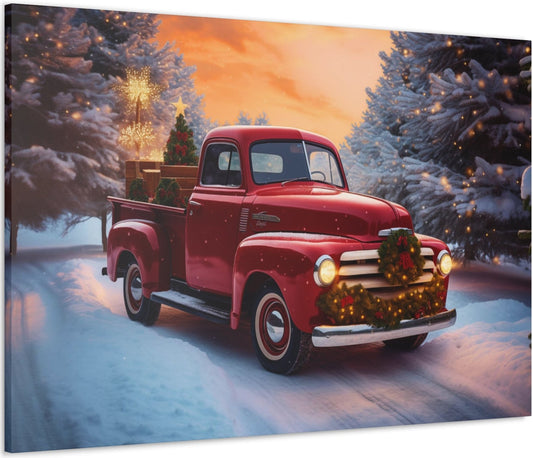 red christmas pickup truck wall decor art