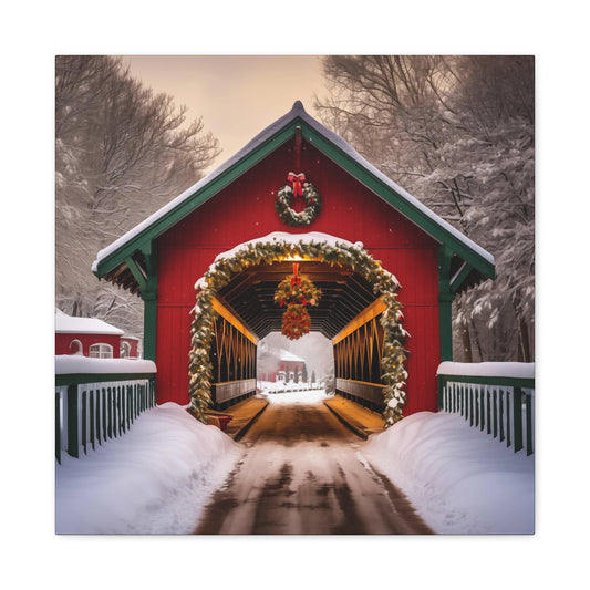 Red Covered Bridge Christmas Canvas Print Wall Art Decor Gifts