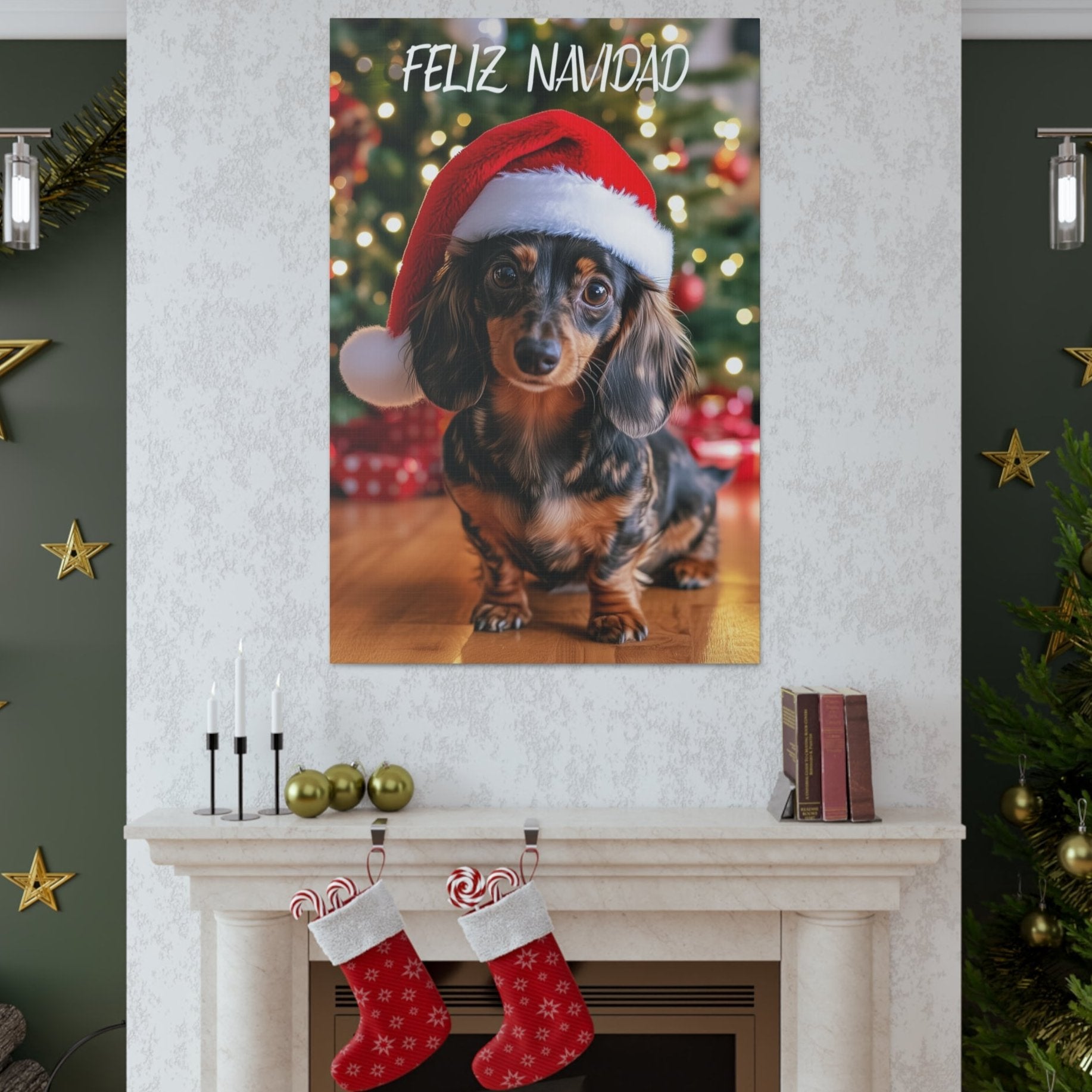 Christmas Dapple Dachshunds Feliz Navidad canvas prints