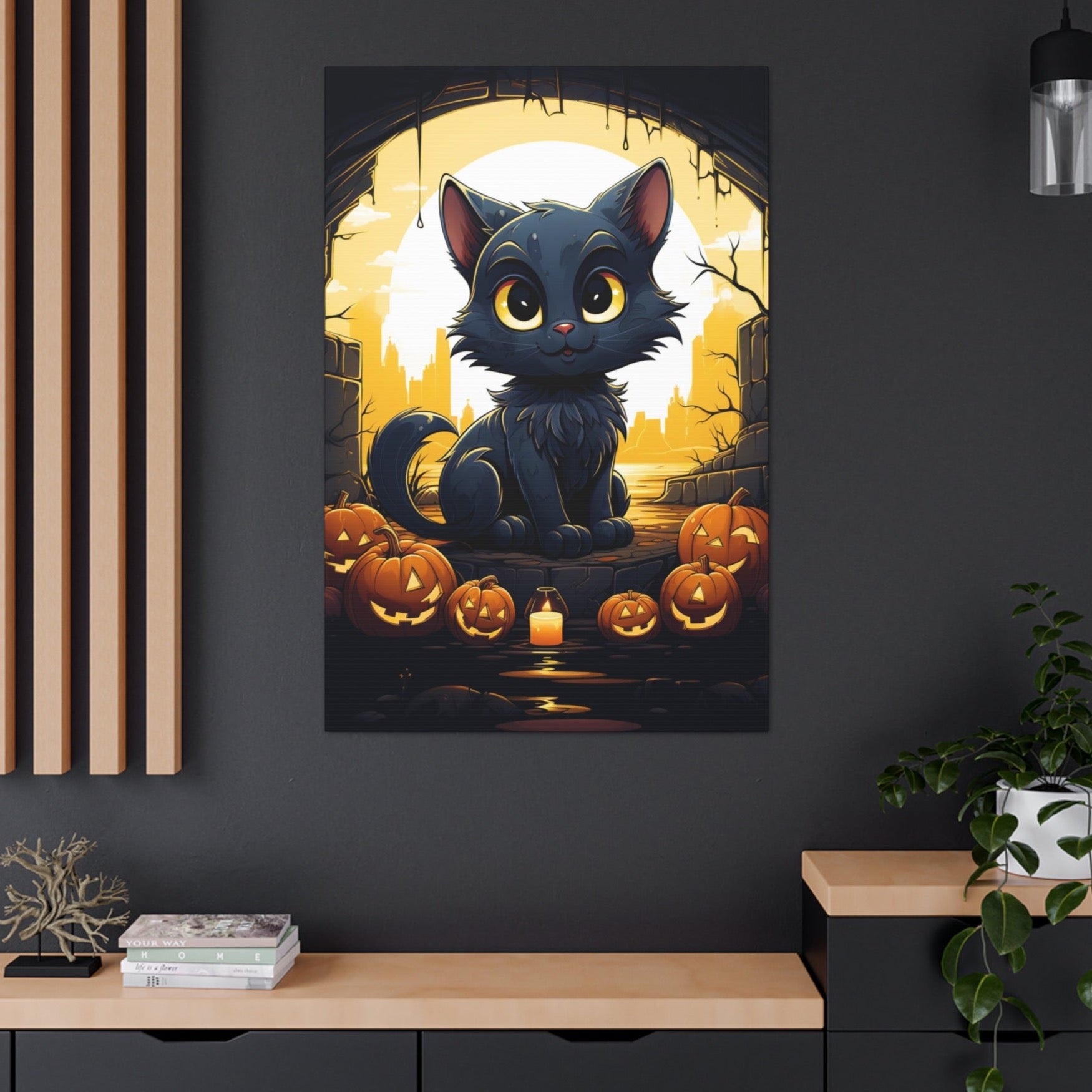 Halloween scene art cute black cats pumpkins