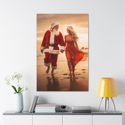 mr. and mrs. claus walking on beach wall art decor