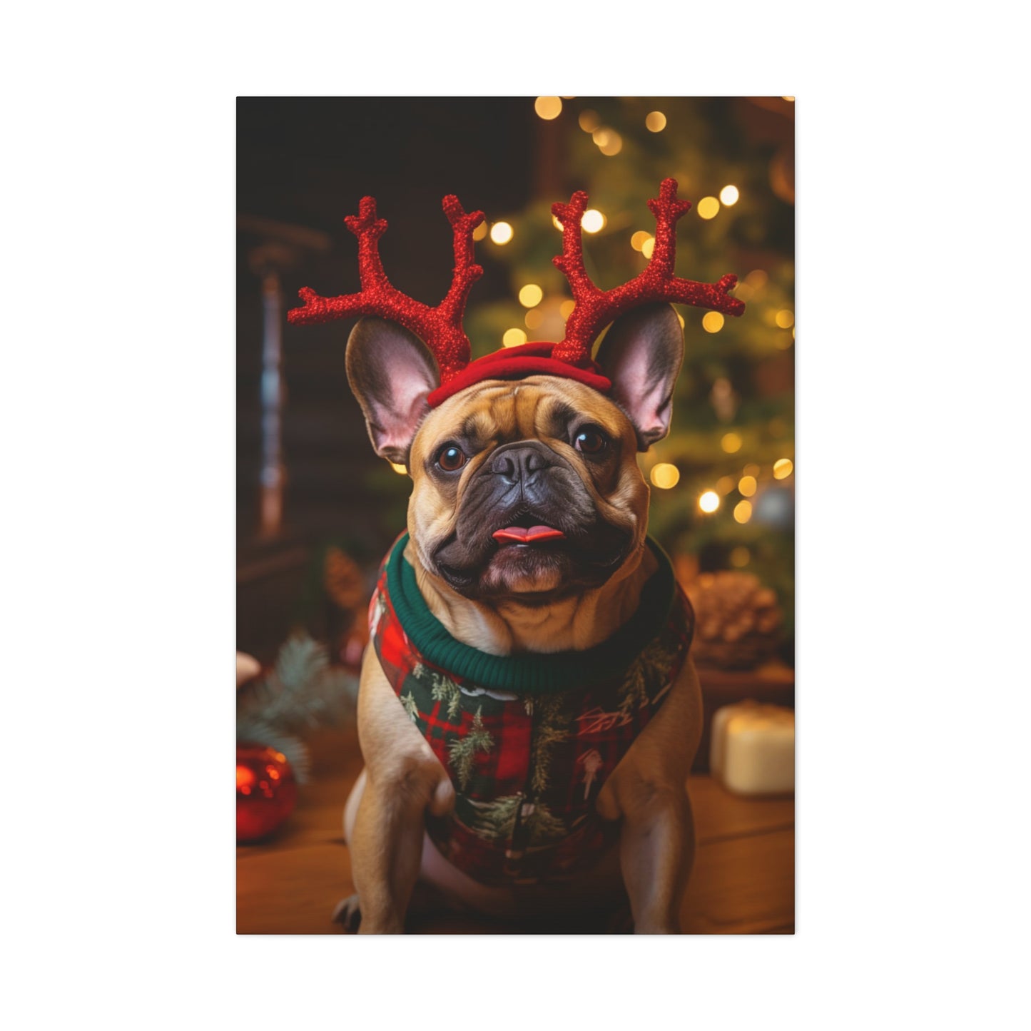 Christmas Bulldog wearing reindeer antlers wall decor