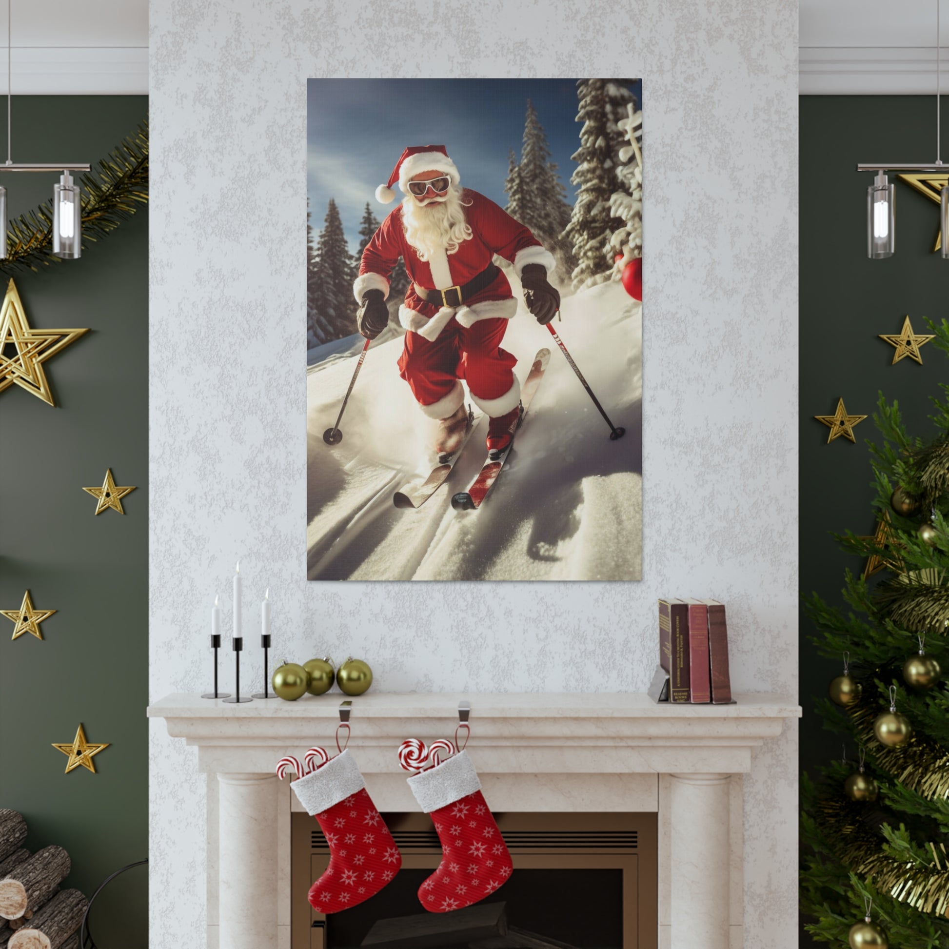 santa downhill skiing art print