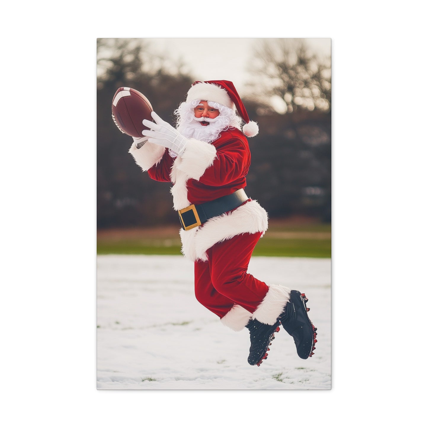 santa claus playing football stretched canvas print gallery wrap