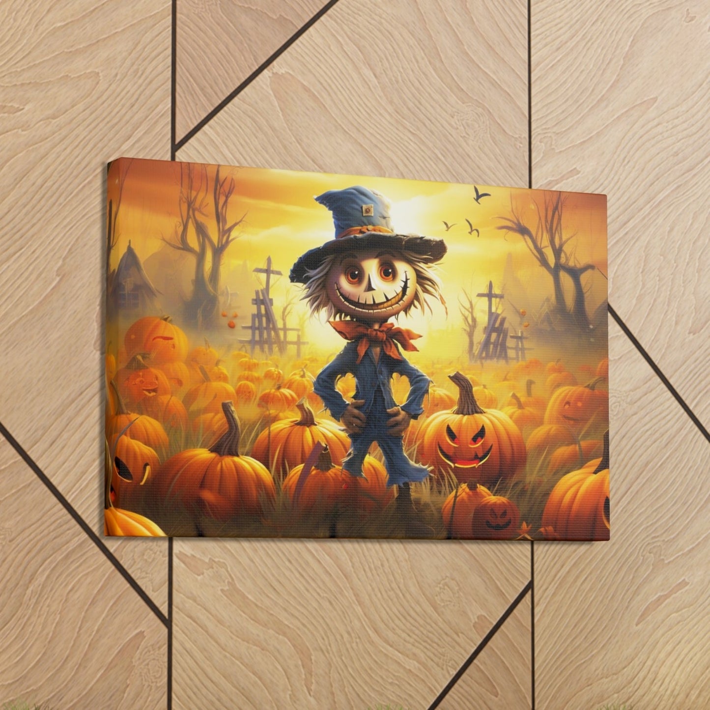 scarecrow in pumpkin patch canvas print