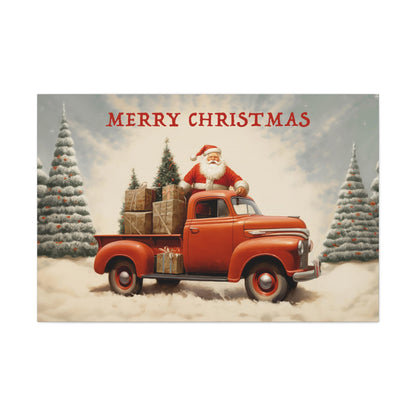 santa claus with red christmas pickup truck wall decor art