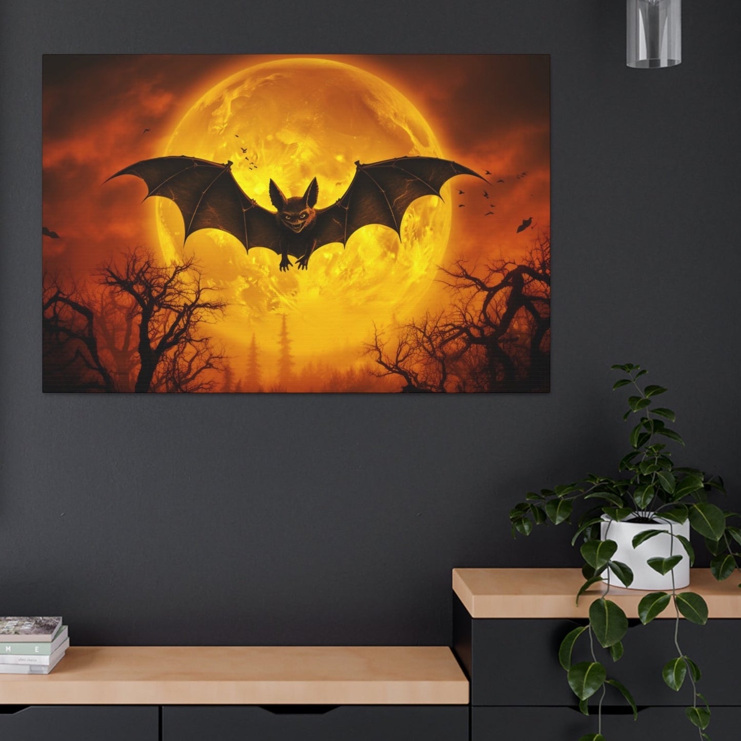 bat in front of moon canvas prints