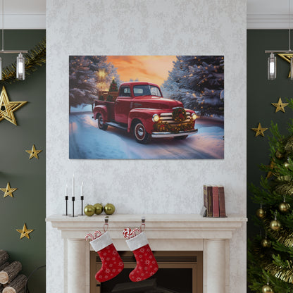 truck christmas red wall decor art, vintage truck christmas canvas prints