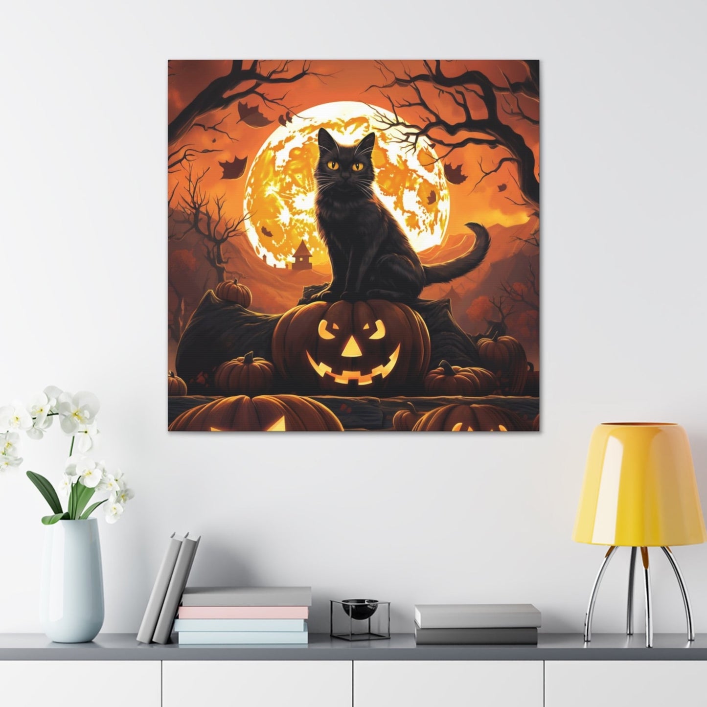 Halloween black cats art print jack-o-lantern